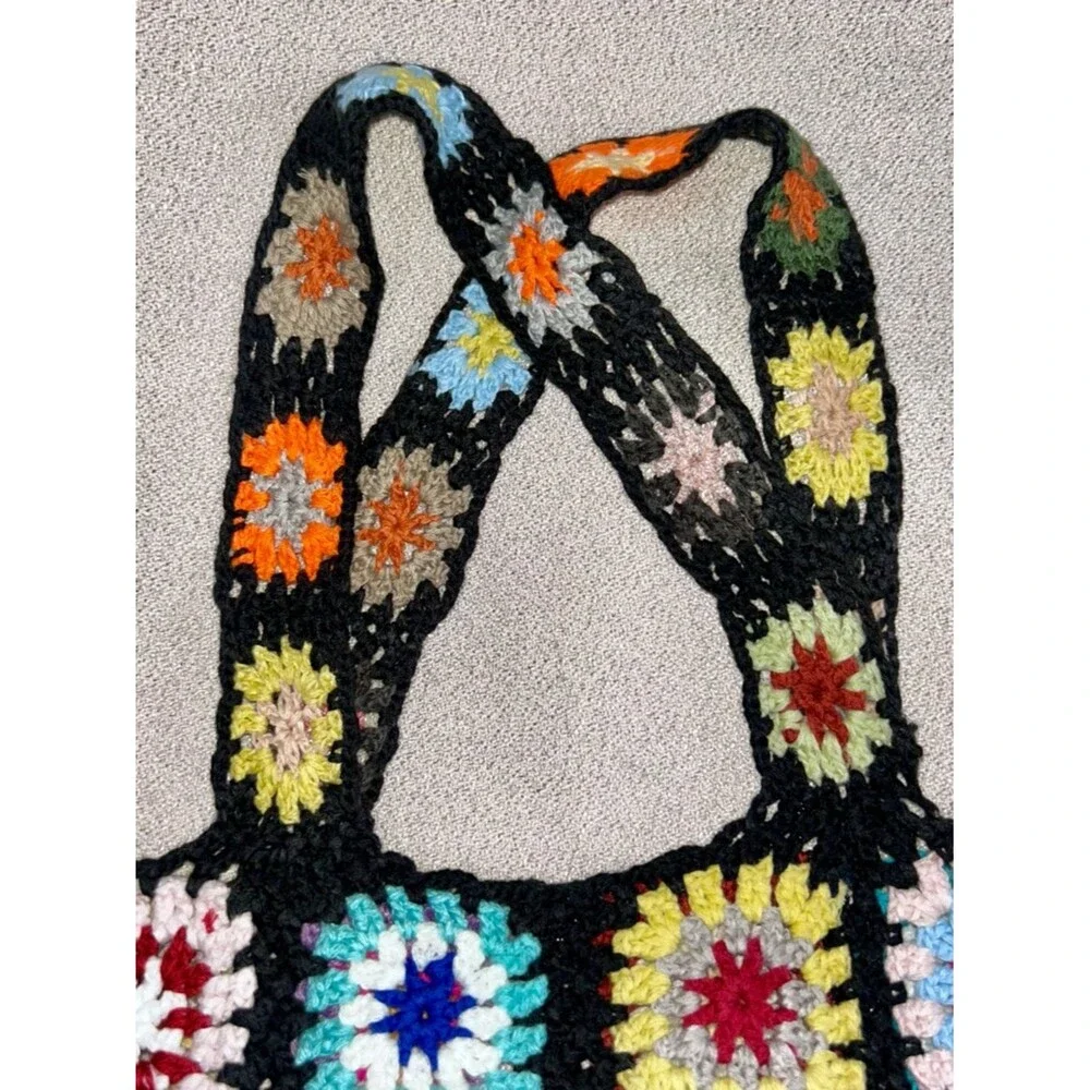 Handmade Crochet Granny Square Tote Bag Purse Bold Multicolor 70’s Hippie Boho